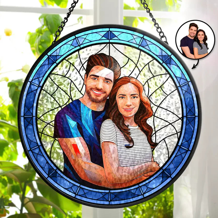 Custom Photo Portrait Couple Family Pet - Personalized Stained Glass Window Hanging Suncatcher