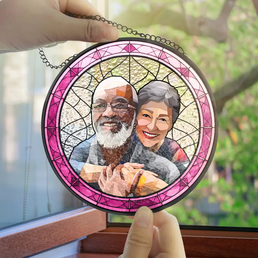 Gift For Couples,Family,Pet Lovers,Love,Dog Lovers,Cat Lovers - Custom Photo Portrait Couple Family Pet - Personalized Stained Glass Window Hanging Suncatcher