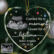 Family, Parents, Memorial, New baby - Custom Photo Carried For A Moment Infant Loss Baby Memorial - Personalized Heart Shaped Glass Ornament