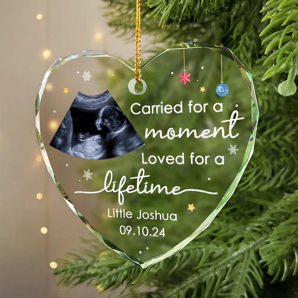 Family, Parents, Memorial, New baby - Custom Photo Carried For A Moment Infant Loss Baby Memorial - Personalized Heart Shaped Glass Ornament