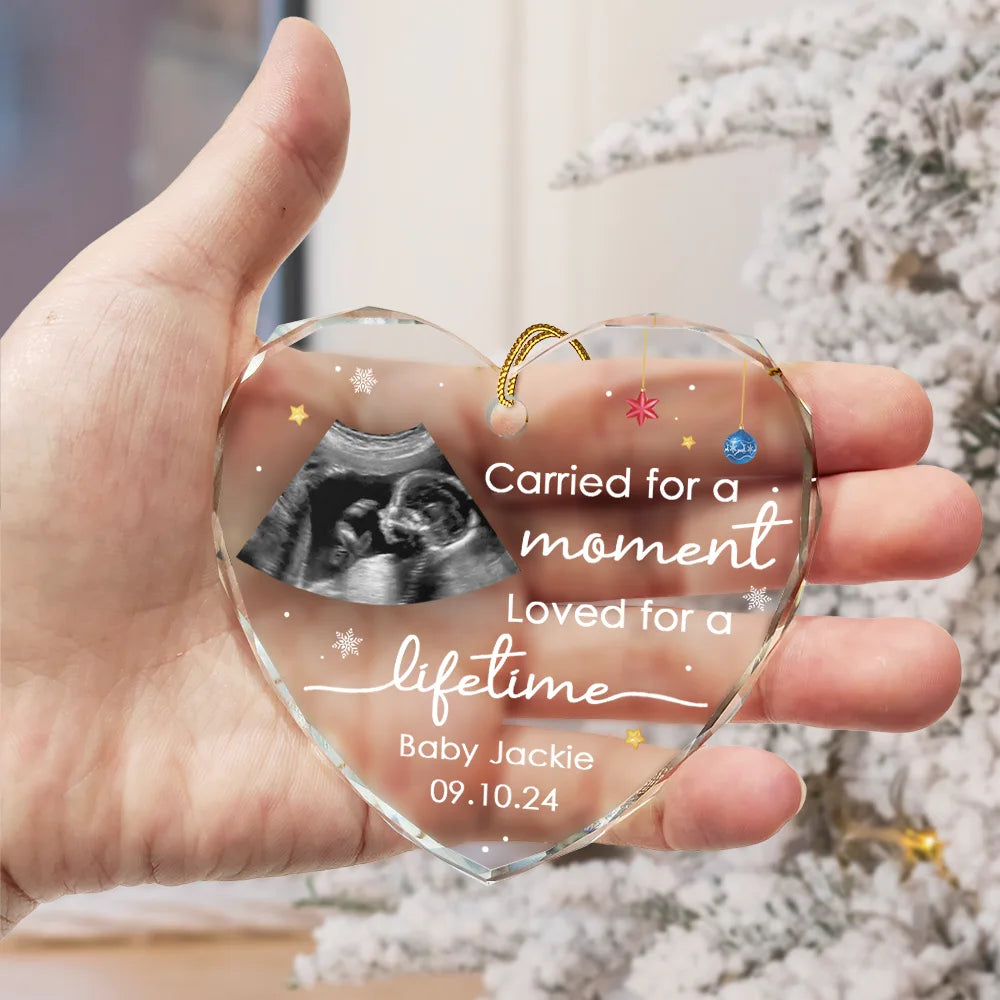 Family, Parents, Memorial, New baby - Custom Photo Carried For A Moment Infant Loss Baby Memorial - Personalized Heart Shaped Glass Ornament