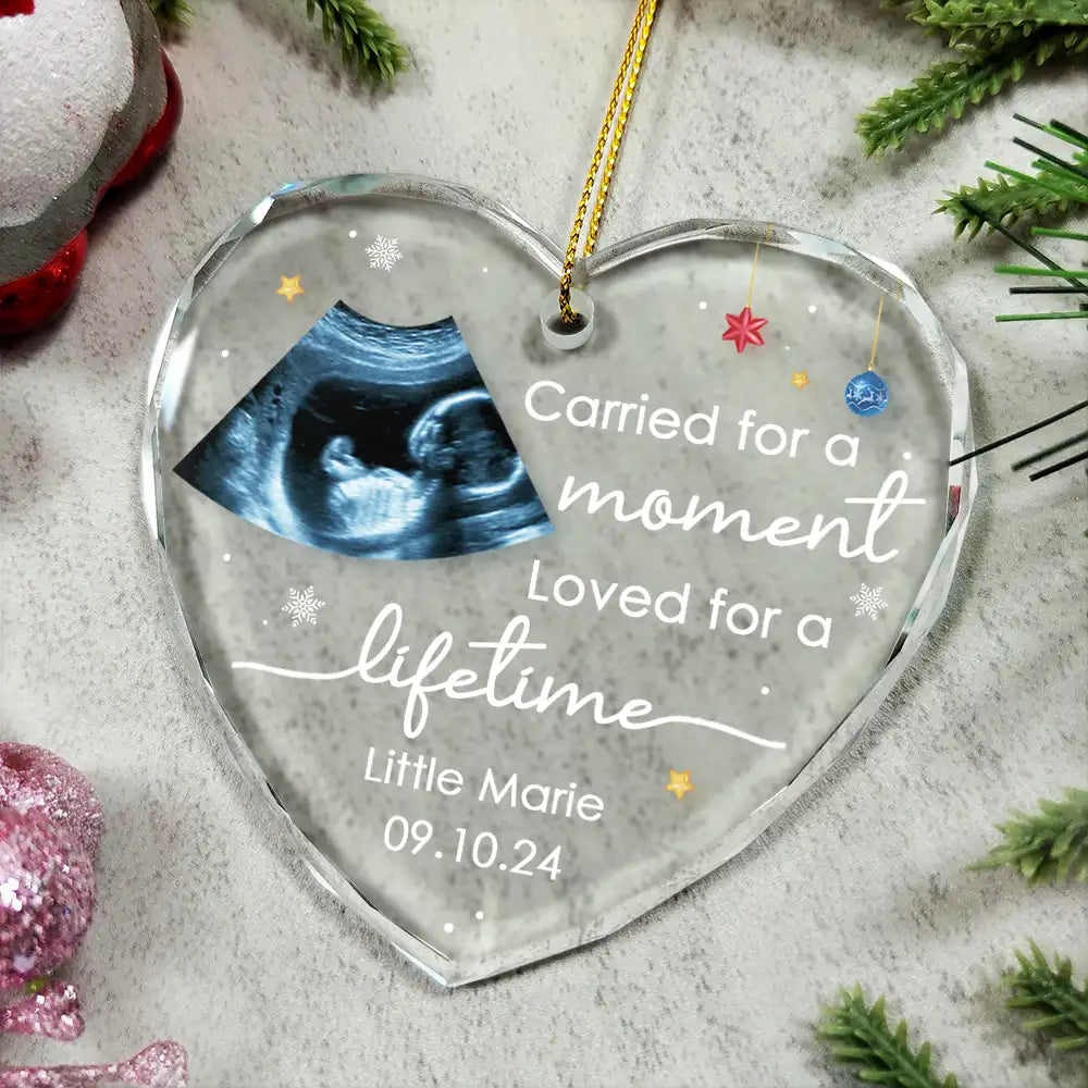 Family, Parents, Memorial, New baby - Custom Photo Carried For A Moment Infant Loss Baby Memorial - Personalized Heart Shaped Glass Ornament