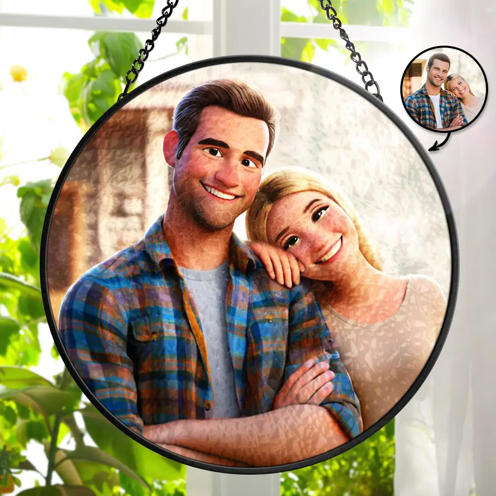 Custom Photo Cartoon Portrait Loving Couple - Personalized Stained Glass Window Hanging Suncatcher