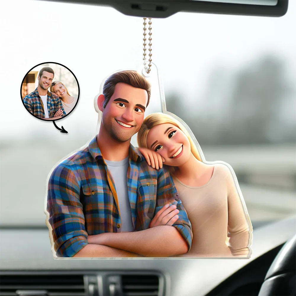 Custom Photo Cartoon Portrait Loving Couple - Personalized Acrylic Car Hanger