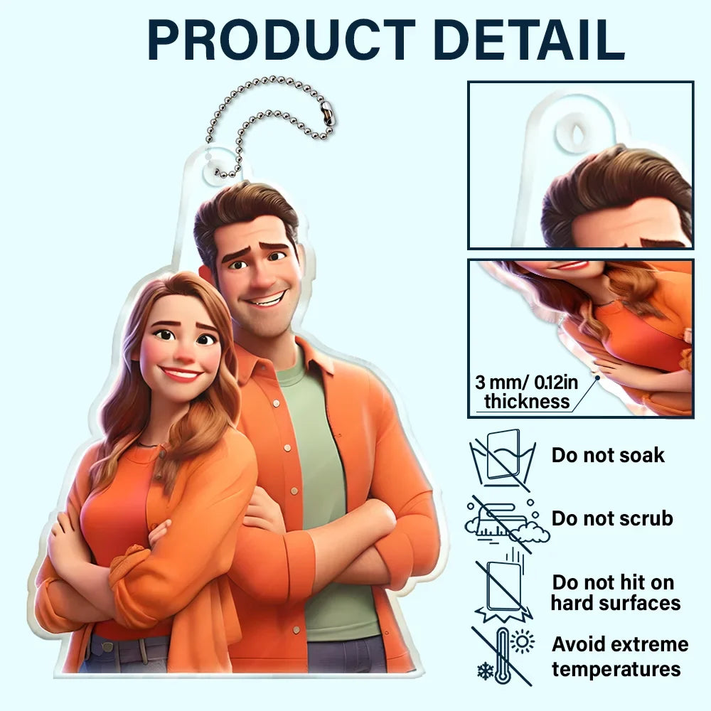 Love,Gift For Husband,Gift For Wife,Gift For Boyfriend,Gift For Girlfriend,Gift For Couples - Custom Photo Cartoon Portrait Loving Couple - Personalized Acrylic Car Hanger
