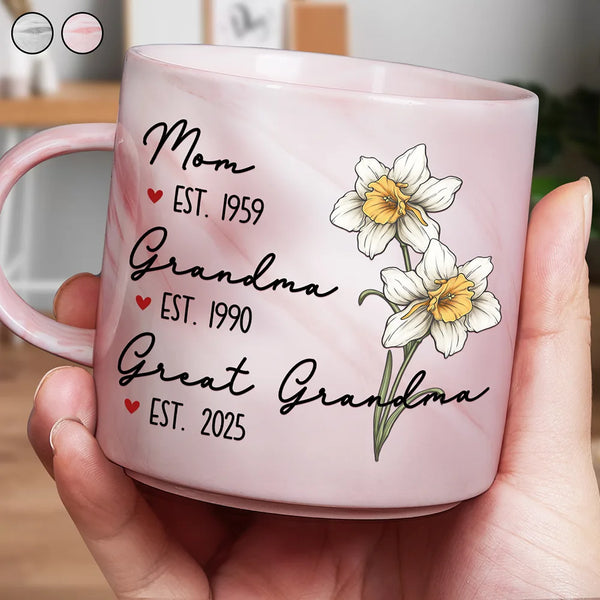 Gift For Grandma, Love, Gift For Mother, Gift For Wife - Mom Grandma Great Grandma Birth Flower - Personalized Marble Mug