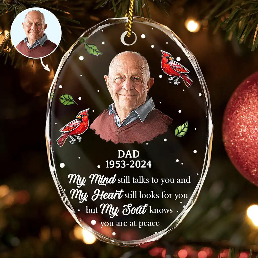 Sad,Memorial,Family,Parents,Gift For Grandparents,Christmas - Custom Photo Memorial My Mind Still Talks To You - Personalized Oval Glass Ornament