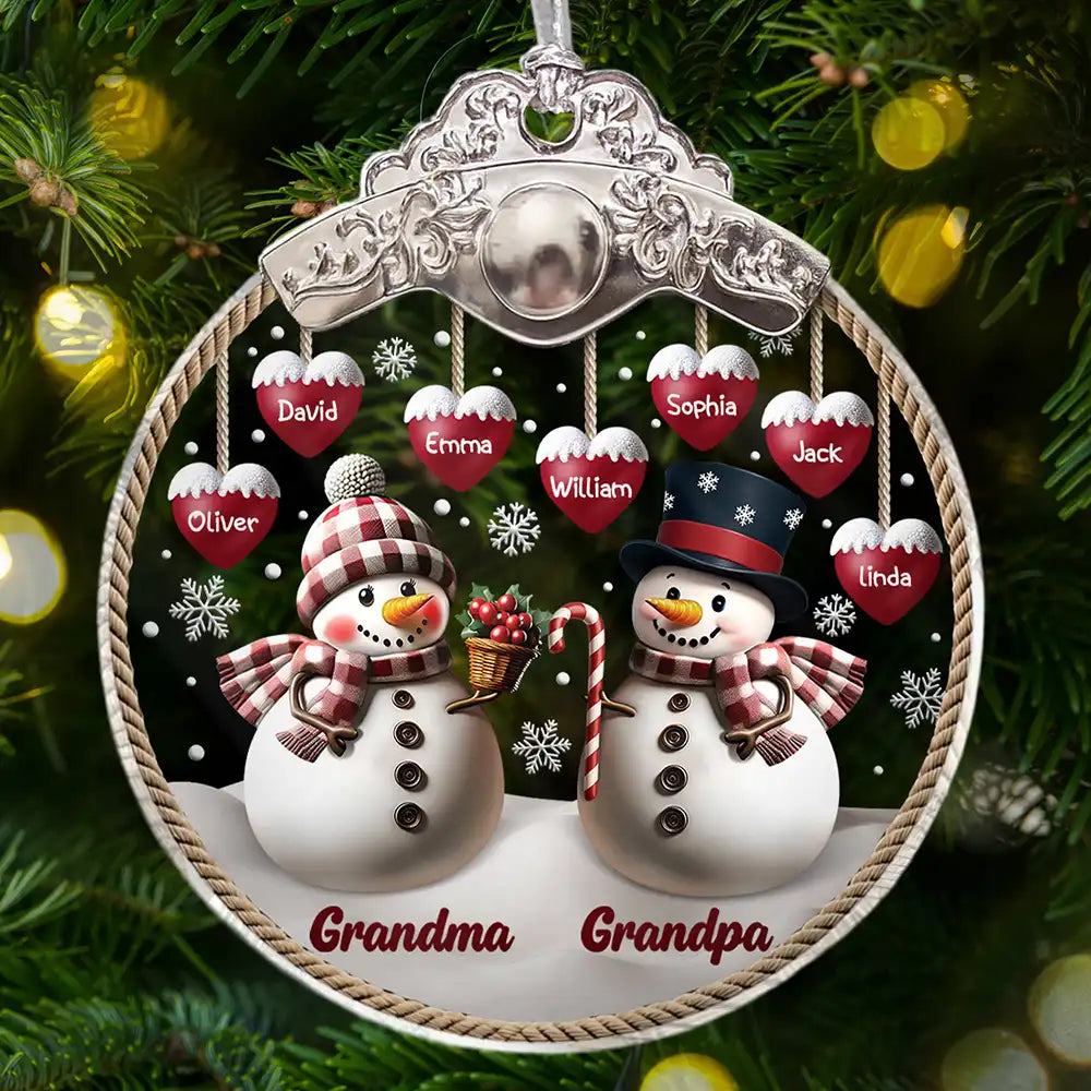Happy, Christmas, Parents, Gift For Grandparents, Gift For Grandma, Gift For Grandpa - Snowman Grandma Grandpa Grandkids - Personalized Glass Ornament With Silver Cap