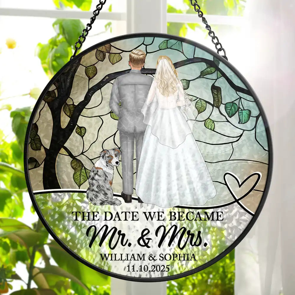 The Date We Became Mr & Mrs Wedding Couple - Personalized Stained Glass Window Hanging Suncatcher