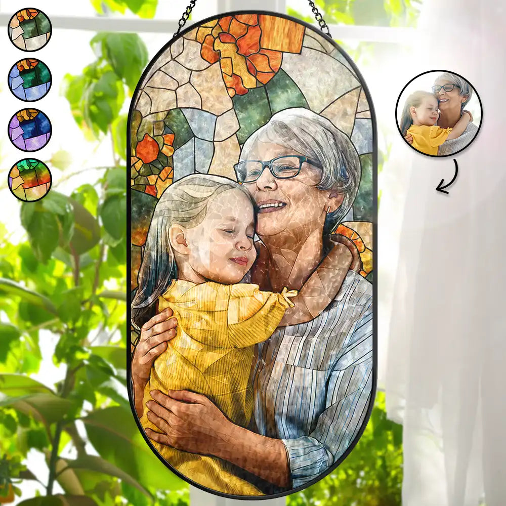 Gift For Wife,Gift For Mother,Gift For Grandma,Happy,Gift For Grandparents,Grandma - Grandkids - Custom Photo Stained Glass Portrait Mom Grandma Parents Family - Personalized Rounded Rectangle Stained Glass Suncatcher