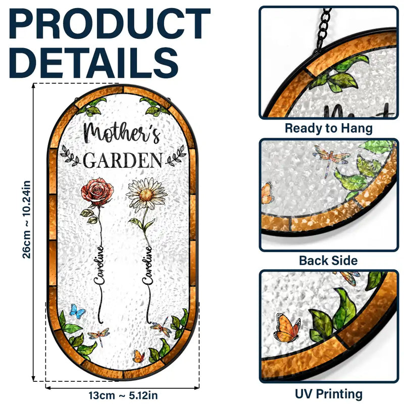 Gift For Wife,Gift For Mother,Gift For Grandma,Happy - Birth Flower Grandma's Garden - Personalized Rounded Rectangle Stained Glass Suncatcher