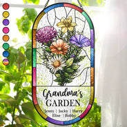 Gift For Wife,Gift For Mother,Gift For Grandma,Happy - Birth Flower Bouquet Grandma's Garden - Personalized Rounded Rectangle Stained Glass Suncatcher