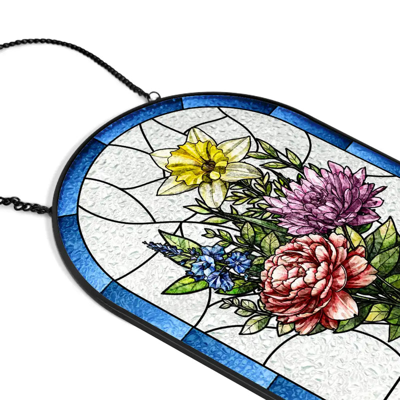Gift For Wife,Gift For Mother,Gift For Grandma,Happy - Birth Flower Bouquet Grandma's Garden - Personalized Rounded Rectangle Stained Glass Suncatcher