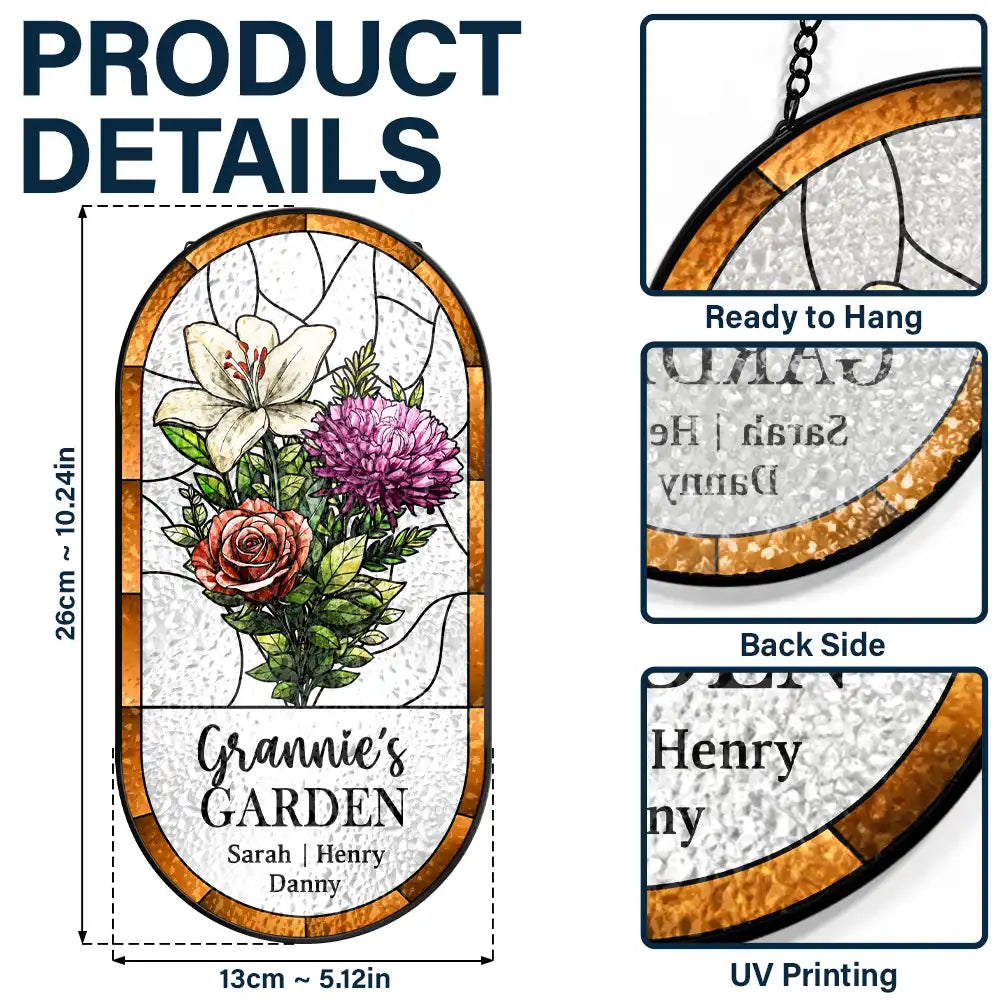 Gift For Wife,Gift For Mother,Gift For Grandma,Happy - Birth Flower Bouquet Grandma's Garden - Personalized Rounded Rectangle Stained Glass Suncatcher