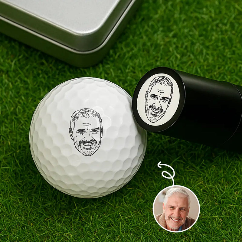 Dad's Hobby,Grandpa's Hobby,Gift For Father,Gift For Grandpa,Funny,Custom Photo - Custom Photo Outline Sketch Golfer Face - Personalized Golf Ball Stamp With Metal Storage Box
