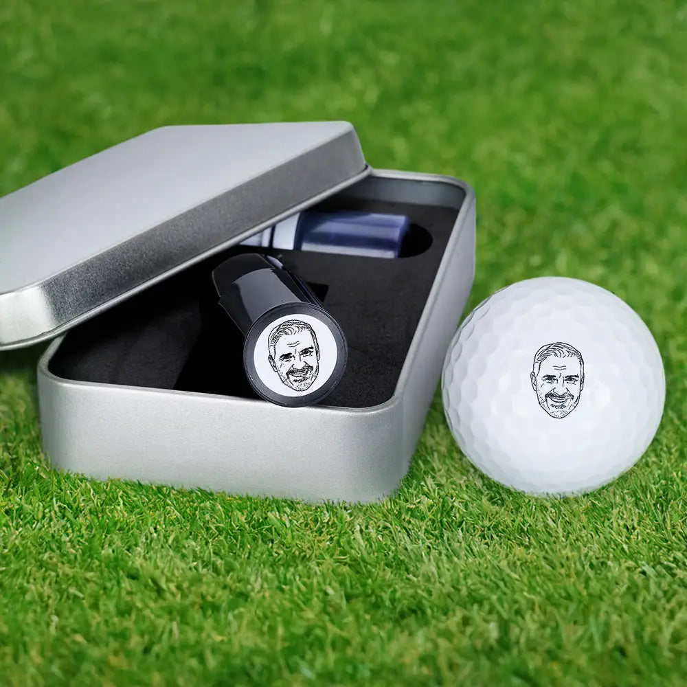 Dad's Hobby,Grandpa's Hobby,Gift For Father,Gift For Grandpa,Funny,Custom Photo - Custom Photo Outline Sketch Golfer Face - Personalized Golf Ball Stamp With Metal Storage Box