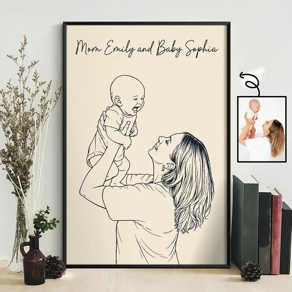 Custom Photo Outline Sketch Mom Baby Family Portrait Line Art - Personalized Poster