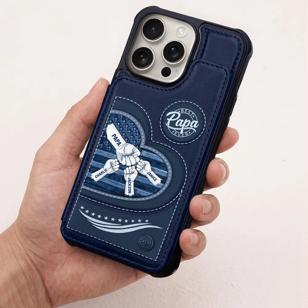 Gift For Husband,Gift For Yourself,Gift For Men,Gift For Grandpa,Gift For Father,America 250th,Independence Day,Love,Icon,Proud - American Dad Grandpa And Kids Fist Bump - Personalized Leather Flip Wallet Phone Case
