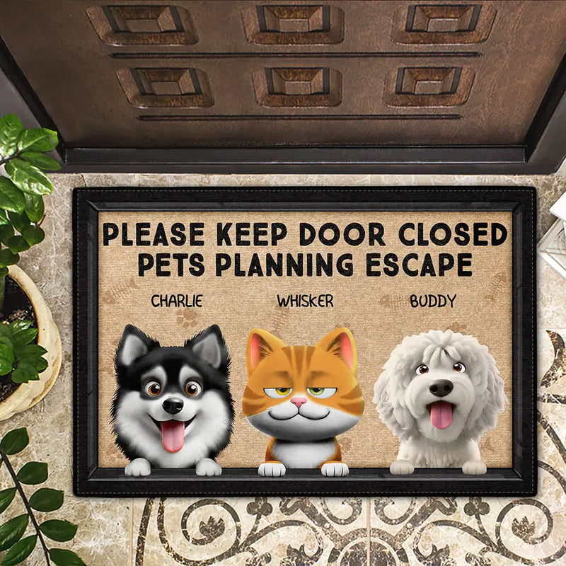 Pet Lovers,Funny,Vector - Please Keep Door Closed Cats Planning Escape Go Toward Cartoon 3D Effect Pet - Personalized Doormat