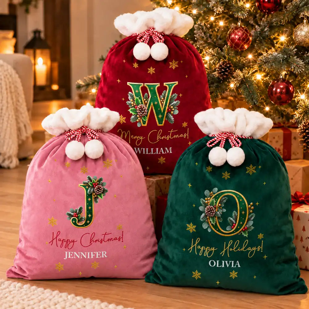 Christmas,Family,Happy,Monogram - Family Christmas Gifts - Personalized Monogram Name Holly Botanical Velvet Favor Bag