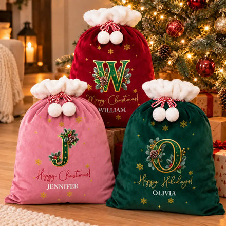 Family Christmas Gifts - Personalized Monogram Name Holly Botanical Velvet Favor Bag