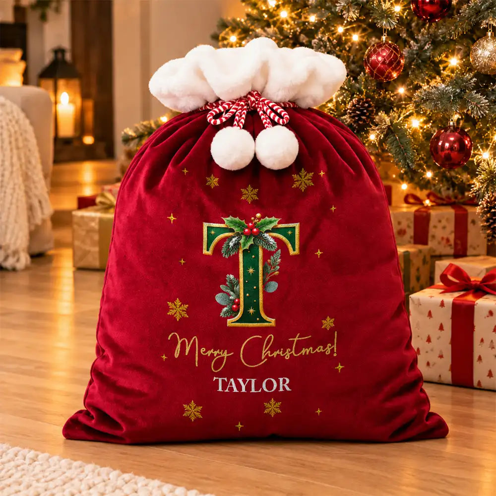 Christmas,Family,Happy,Monogram - Family Christmas Gifts - Personalized Monogram Name Holly Botanical Velvet Favor Bag