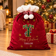 Christmas,Family,Happy,Monogram - Family Christmas Gifts - Personalized Monogram Name Holly Botanical Velvet Favor Bag