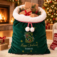 Christmas,Family,Happy,Monogram - Family Christmas Gifts - Personalized Monogram Name Holly Botanical Velvet Favor Bag