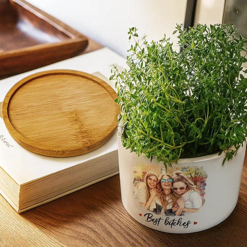 Gift For Bestie,Old Best friends,Happy - Custom Photo Watercolor Painting A True Friendship Is A Journey Without An End - Personalized Ceramic Plant Pot