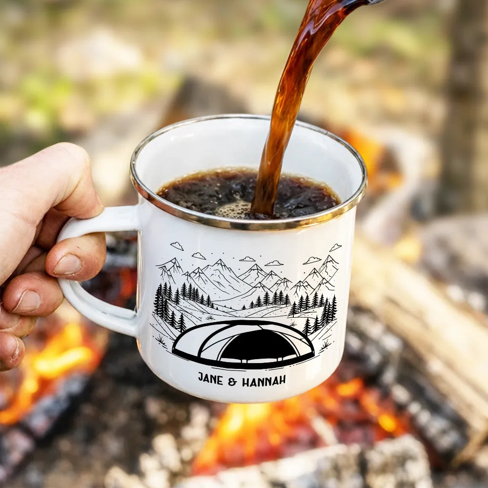 Gift For Couples,Old Couples,Gift For Husband,Gift For Wife,Gift For Boyfriend,Gift For Girlfriend,Happy - Making Memories One Campsite At A Time - Personalized Enamel Mug