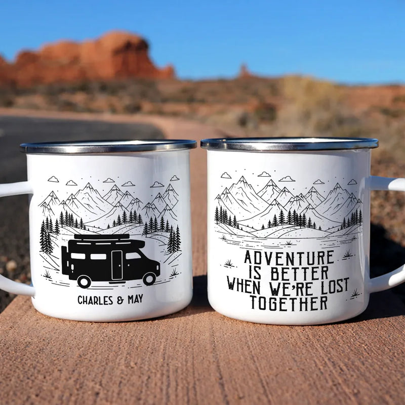 Gift For Couples,Old Couples,Gift For Husband,Gift For Wife,Gift For Boyfriend,Gift For Girlfriend,Happy - Making Memories One Campsite At A Time - Personalized Enamel Mug