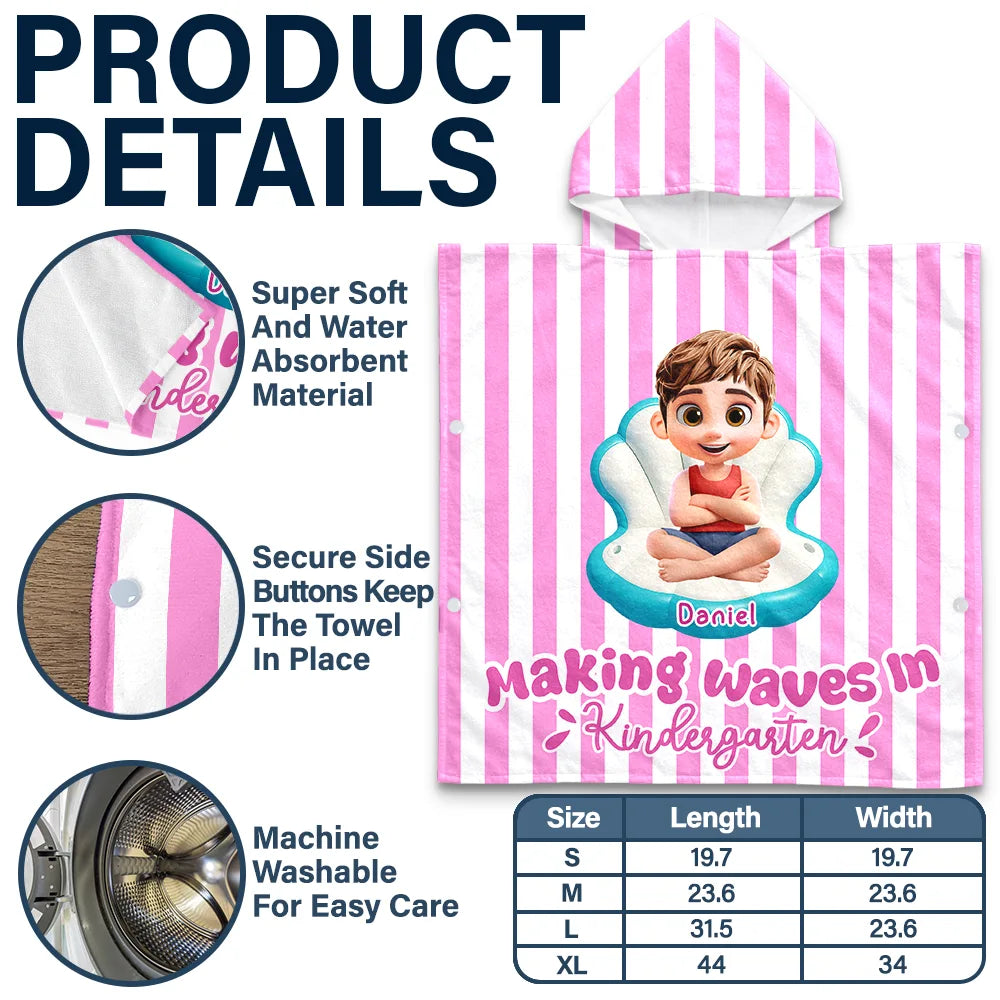 Back To School,Gift For Kids,Beach,Summer,Adorable,Vector - Making Waves In First Grade Summer Trip - Personalized Kids Hooded Poncho Towel