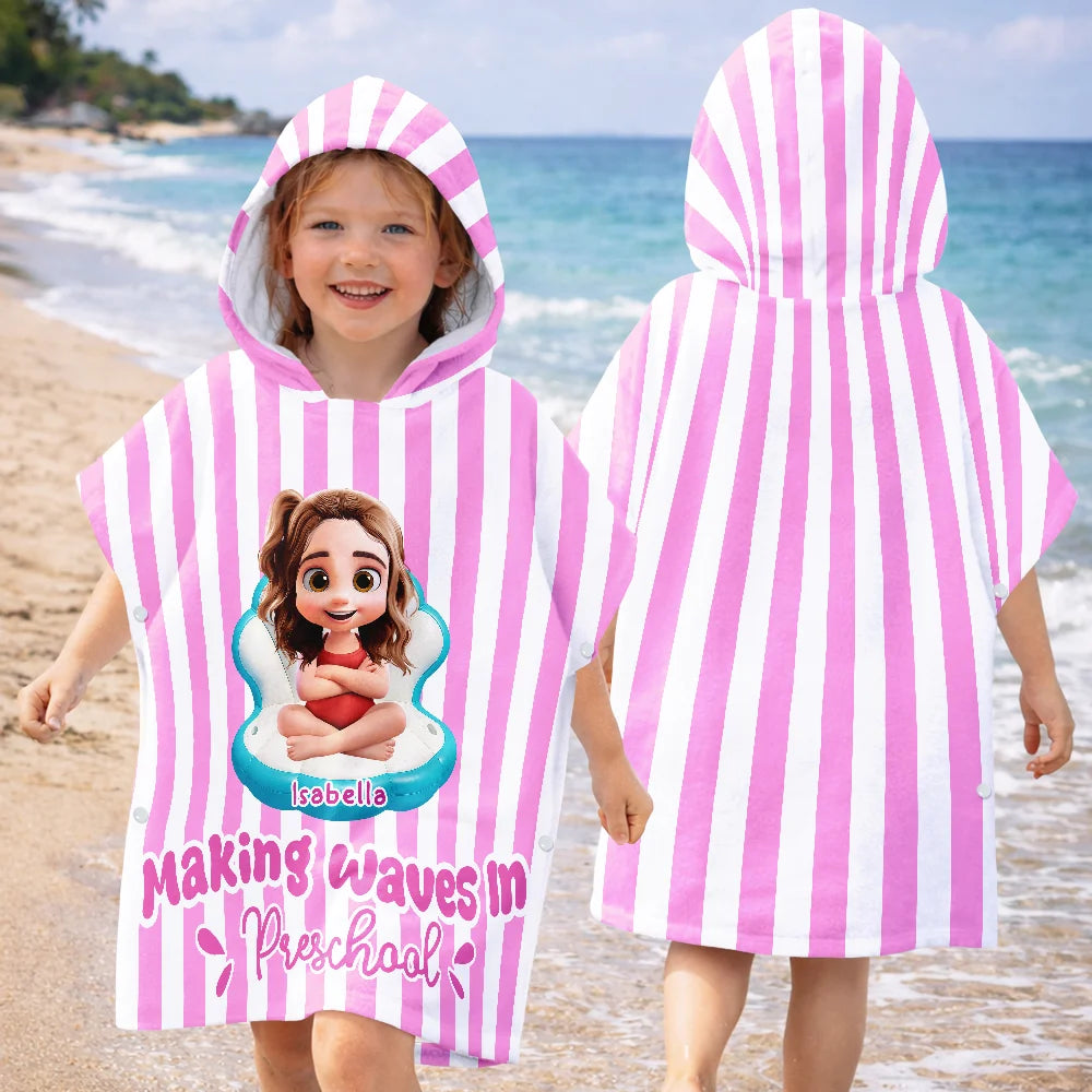 Back To School,Gift For Kids,Beach,Summer,Adorable,Vector - Making Waves In First Grade Summer Trip - Personalized Kids Hooded Poncho Towel