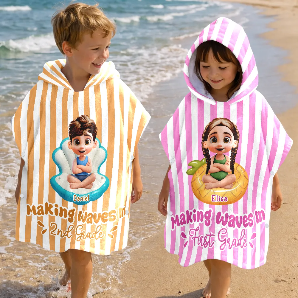 Back To School,Gift For Kids,Beach,Summer,Adorable,Vector - Making Waves In First Grade Summer Trip - Personalized Kids Hooded Poncho Towel
