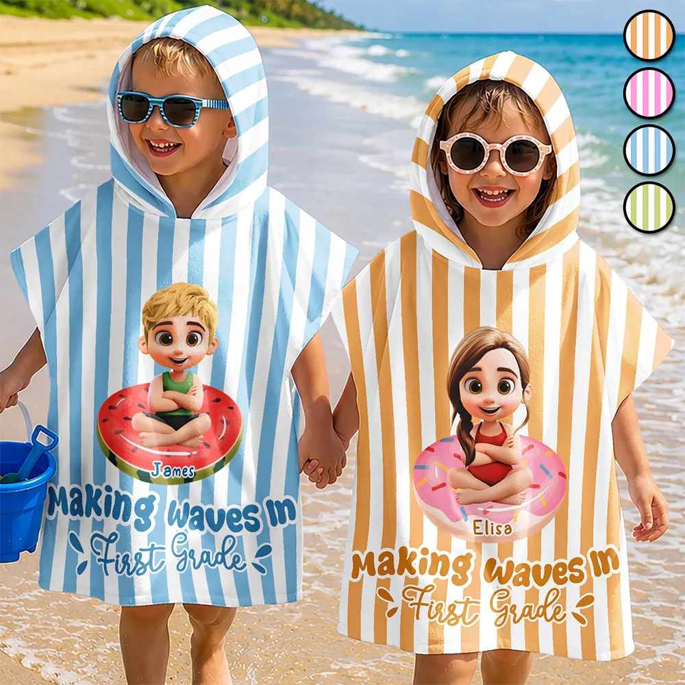 Back To School,Gift For Kids,Beach,Summer,Adorable,Vector - Making Waves In First Grade Summer Trip - Personalized Kids Hooded Poncho Towel