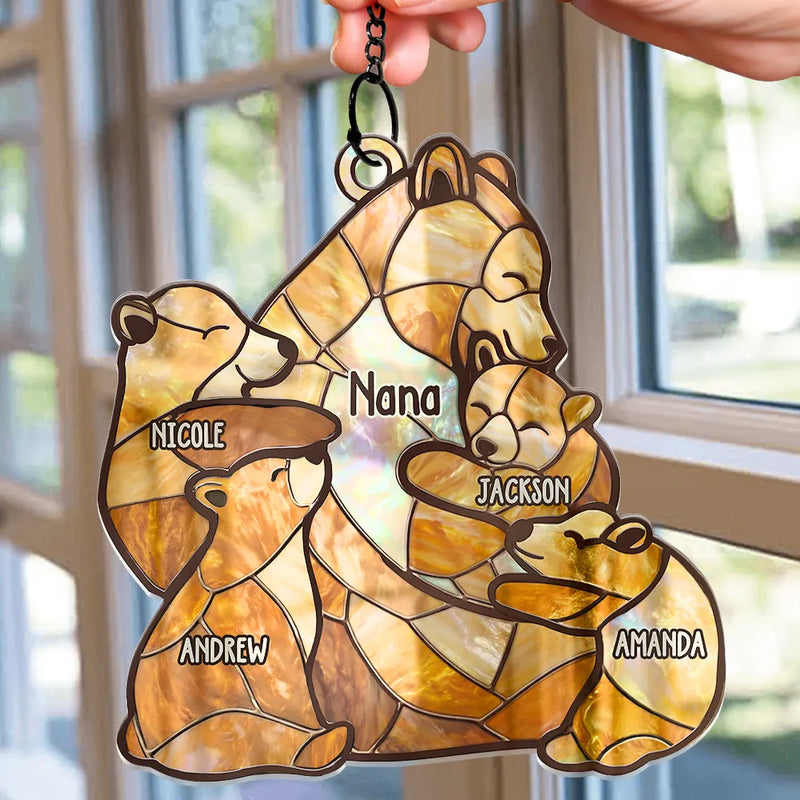 Gift For Grandma,Grandma - Grandkids,Happy,Gift For Mother - Mama Bear Stained Glass Effect - Personalized Window Hanging Suncatcher Ornament
