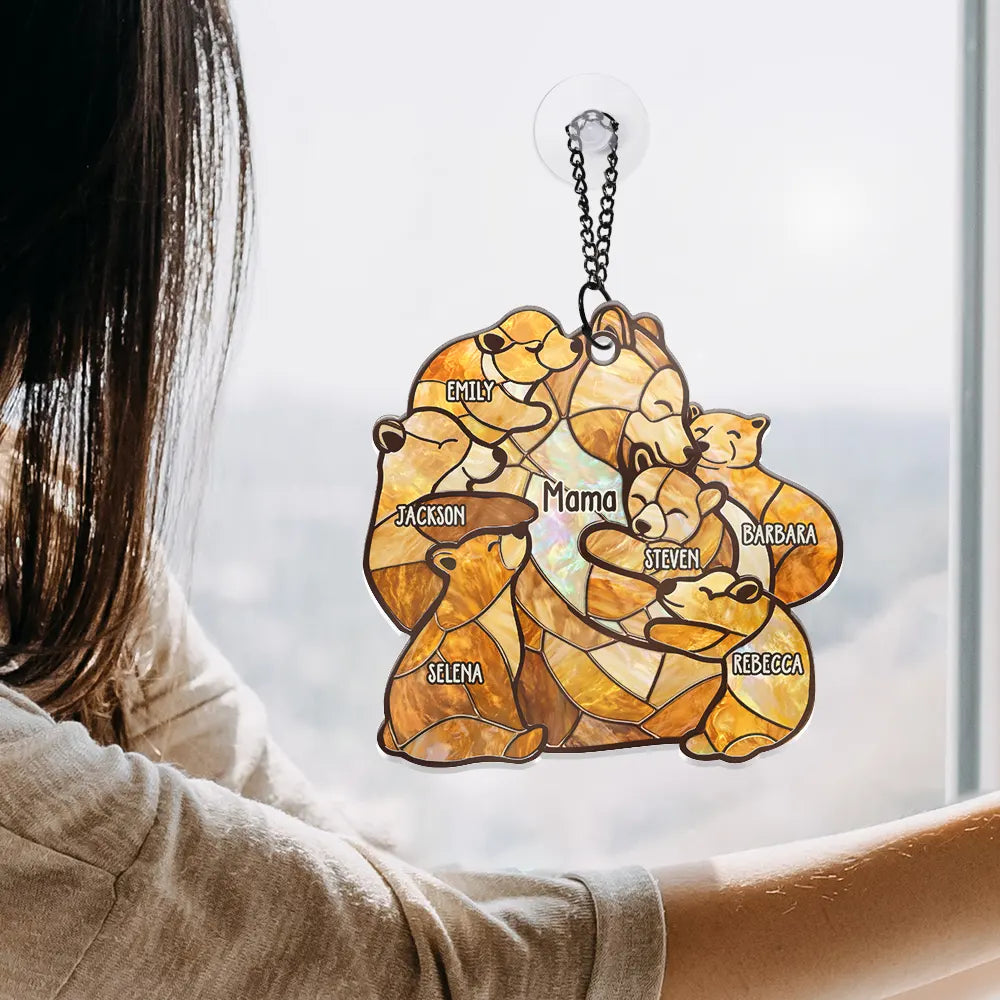 Gift For Grandma,Grandma - Grandkids,Happy,Gift For Mother - Mama Bear Stained Glass Effect - Personalized Window Hanging Suncatcher Ornament