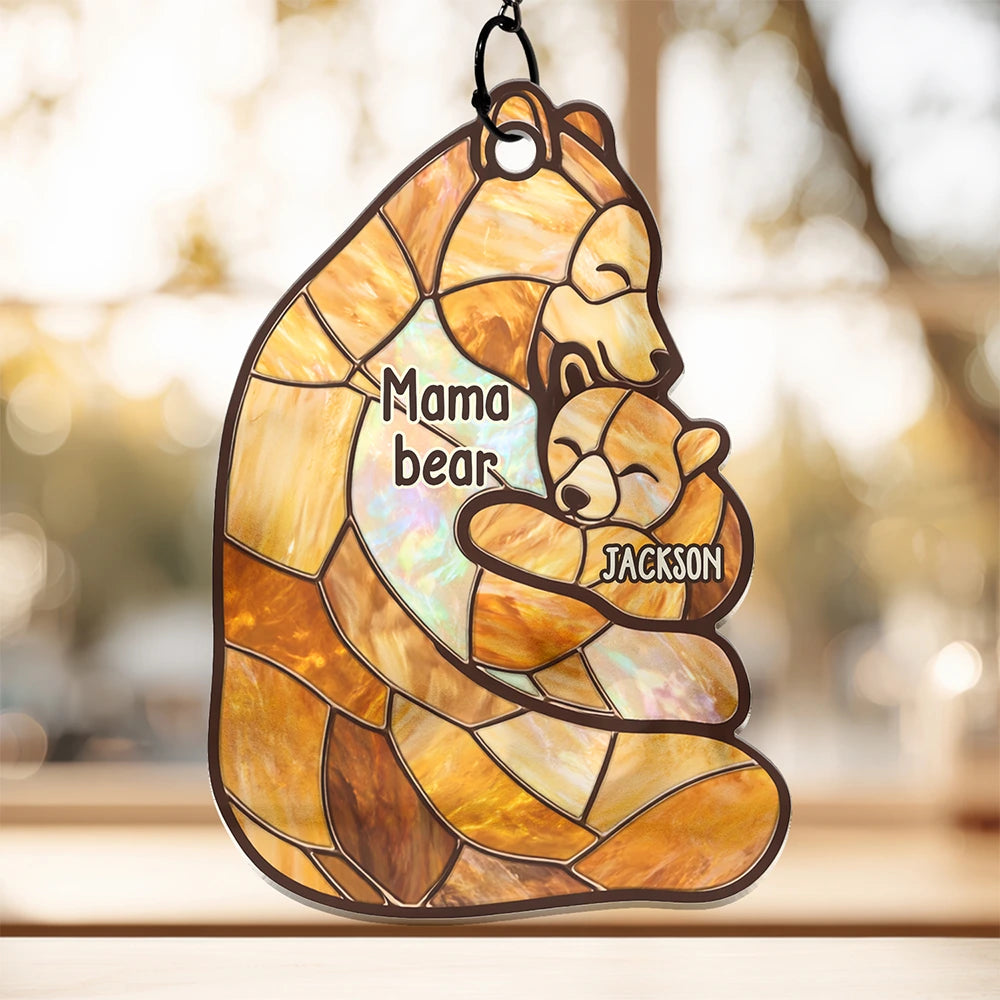Gift For Grandma,Grandma - Grandkids,Happy,Gift For Mother - Mama Bear Stained Glass Effect - Personalized Window Hanging Suncatcher Ornament