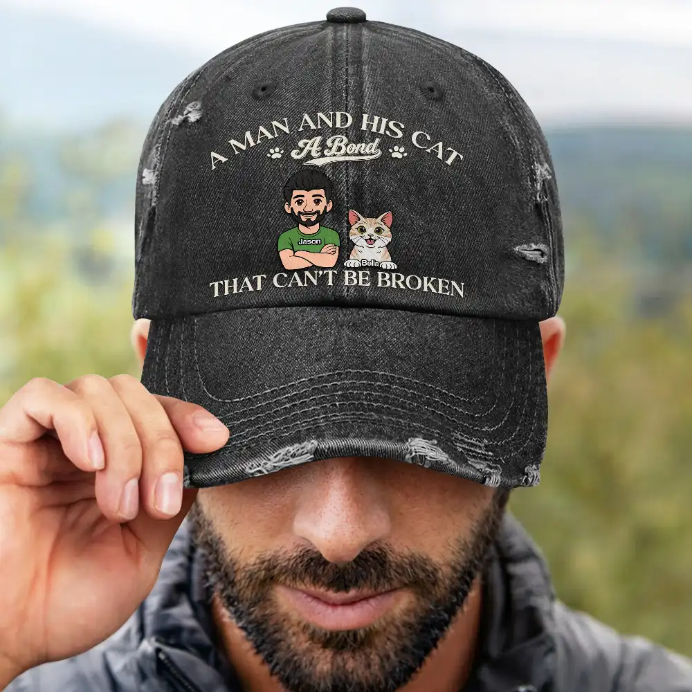Gift For Men,Gift For Women,Pet Lovers,Dog Mom,Dog Dad,Dog Lovers,Cat Dad,Cat Lovers,Cat Mom,Non-Eng,Vector,Playful - Man And His Dogs Cats A Bond That Can't Be Broken - Personalized Distressed Cap