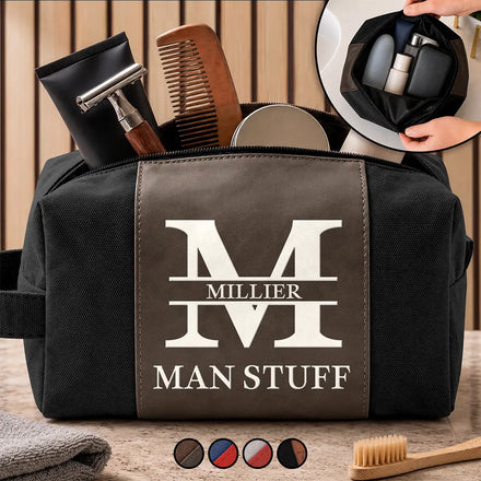 Man Crap Man Stuff Monogram - Personalized Leather Canvas Toiletry Bag