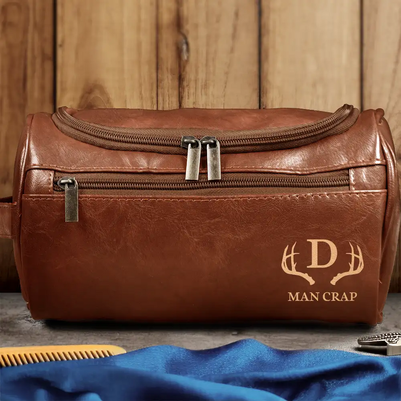 Gift For Husband, Gift For Boyfriend, Gift For Men, Happy - Man Crap Man Stuff Monogram - Personalized Leather Toiletry Bag