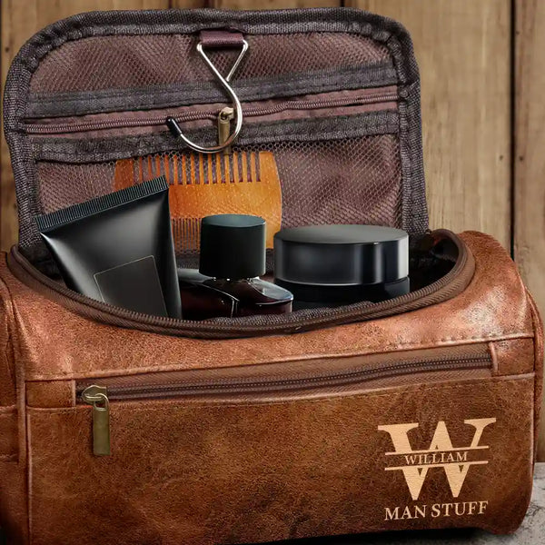Gift For Husband, Gift For Boyfriend, Gift For Men, Happy - Man Crap Man Stuff Monogram - Personalized Leather Toiletry Bag