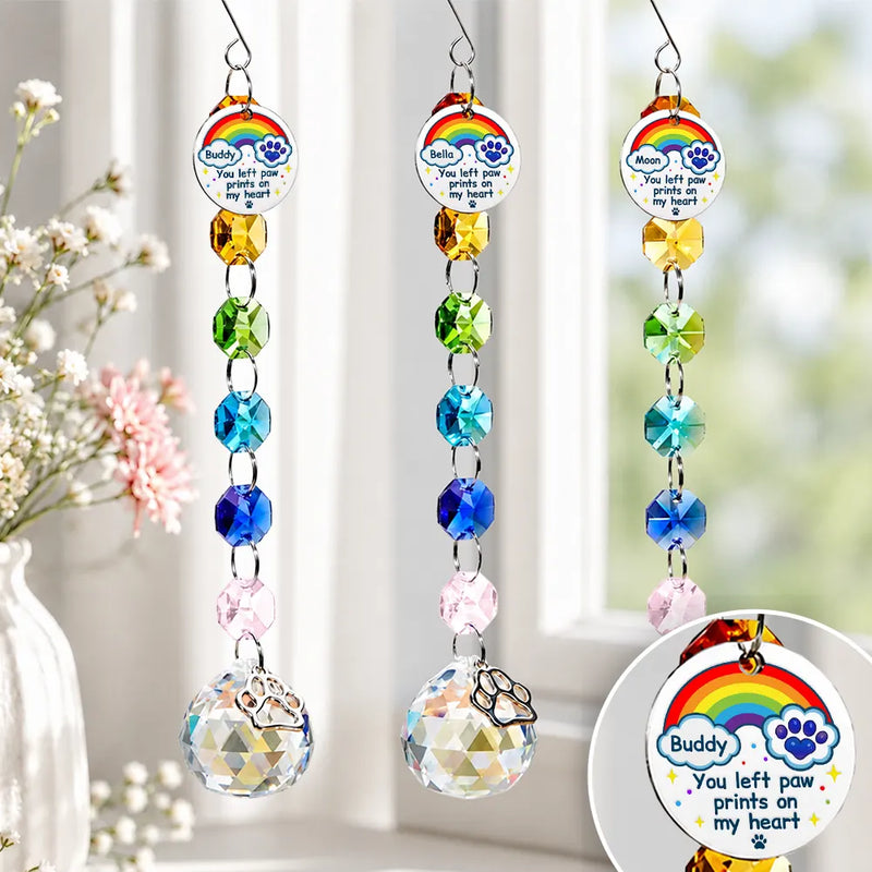Christmas,Sympathetic,Pet Lovers,Memorial,Custom Text - Memorial Dog Cat Pet You Left Paw Prints On My Heart - Personalized Crystal Suncatcher With Charm