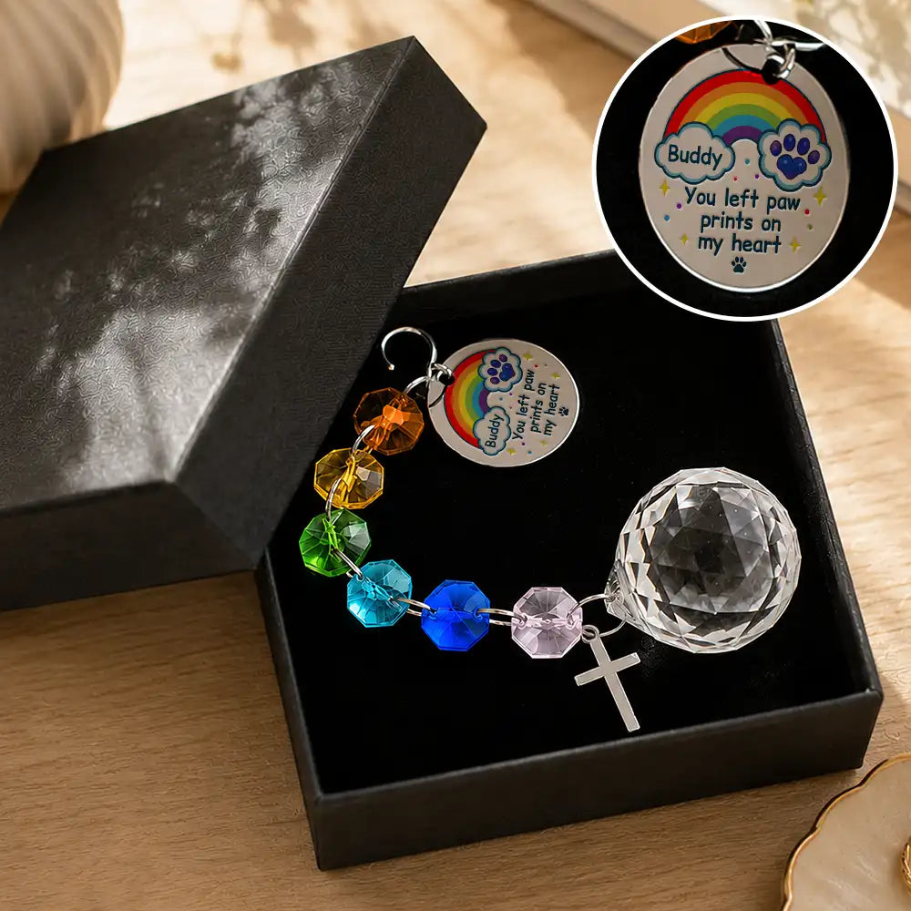 Christmas,Sympathetic,Pet Lovers,Memorial,Custom Text - Memorial Dog Cat Pet You Left Paw Prints On My Heart - Personalized Crystal Suncatcher With Charm