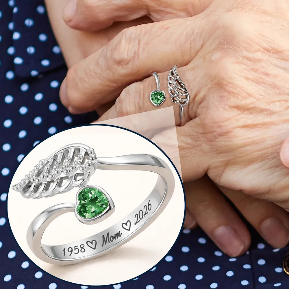 Memorial, Sad, Family - Memorial Family Mom Dad With Name & Year - Personalized Wing And Heart Birthstone Ring