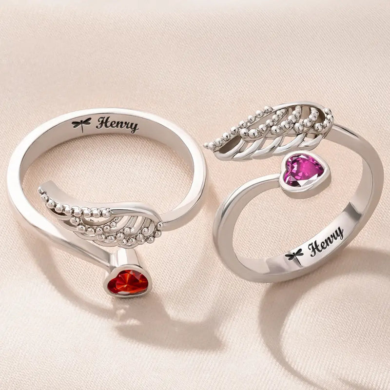 Memorial, Family, Pet Lovers, Sad - Memorial Your Loved One Family Loss Pet Loss - Personalized Wing And Heart Birthstone Ring