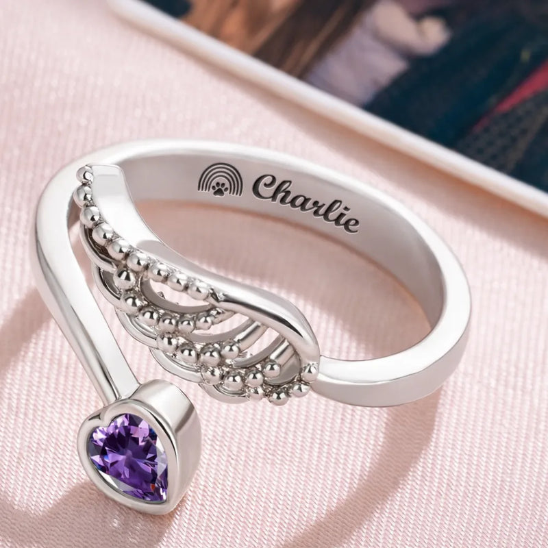 Memorial, Family, Pet Lovers, Sad - Memorial Your Loved One Family Loss Pet Loss - Personalized Wing And Heart Birthstone Ring