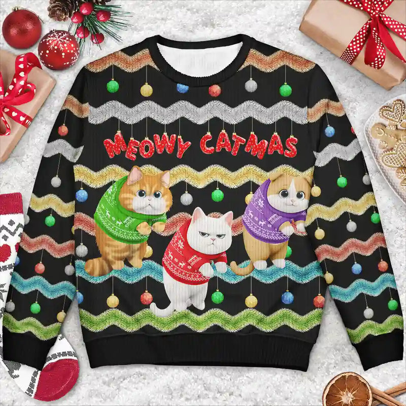 Cat Lovers, Funny - Meowy Catmas 3D Effect Hanging Cat Fun Tinsel - Personalized Unisex Ugly Sweater