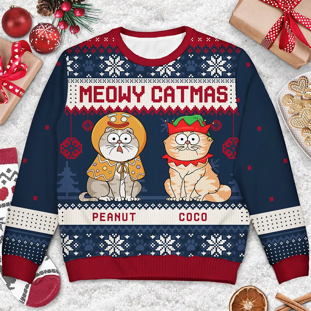 Meowy Catmas Funny Cartoon Cats - Christmas Gift For Cat Lovers, Cat Moms, Cat Dads - Personalized Unisex Ugly Sweater