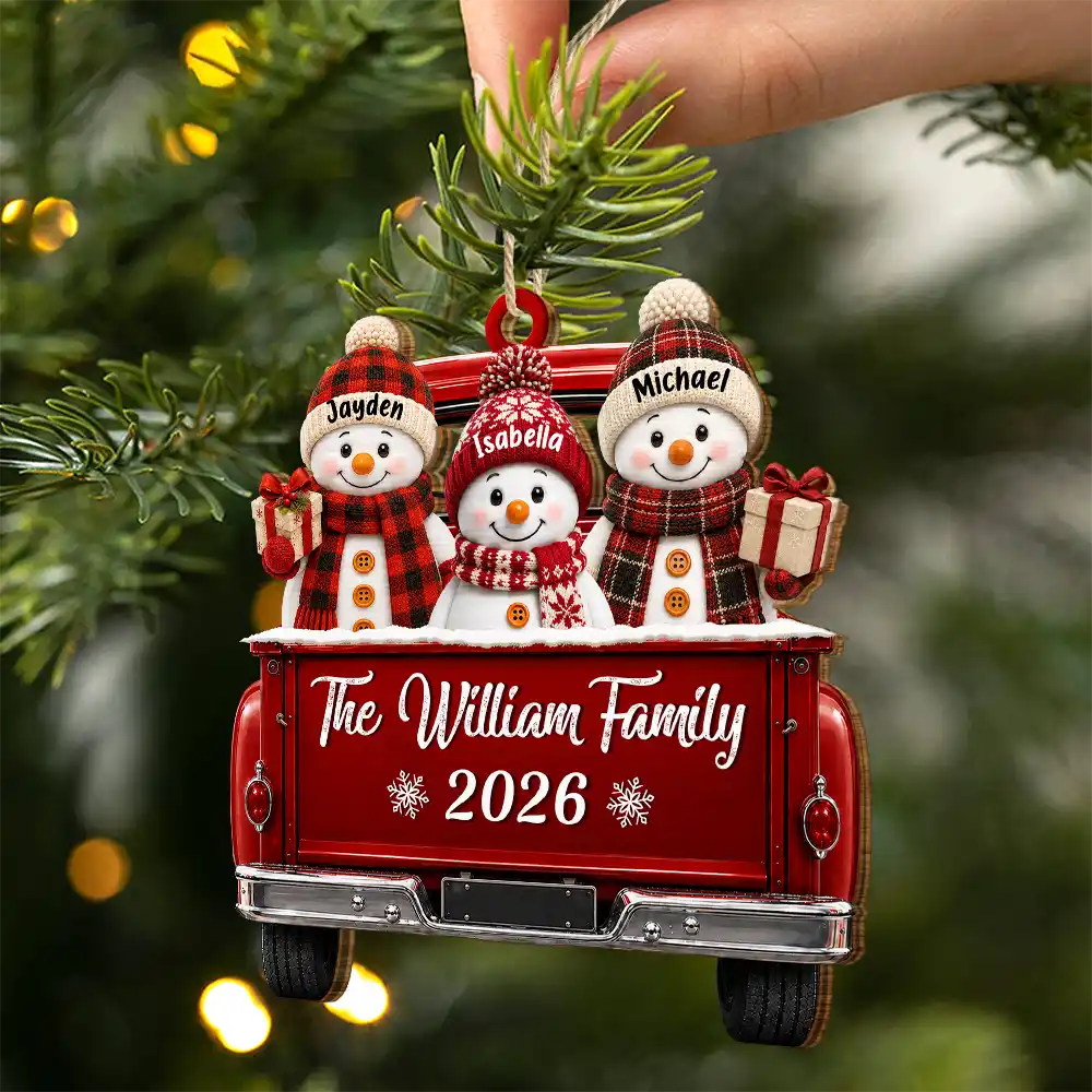 Christmas,Family,Icon,Happy - Merry Christmas Happy Snowman Family - Personalized Custom Shaped Wooden Ornament